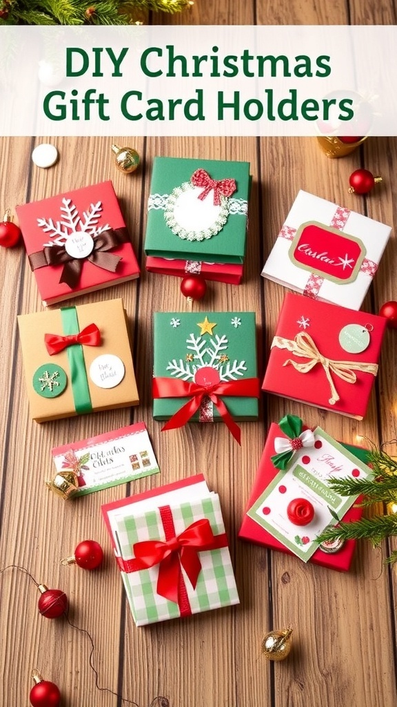 Colorful DIY Christmas gift card holders decorated with ribbons and stickers on a wooden table.